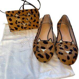 Charlotte Olympia Feline Leopard Calf Hair Kitty Cat Set Shoulder Bag & Flats 38